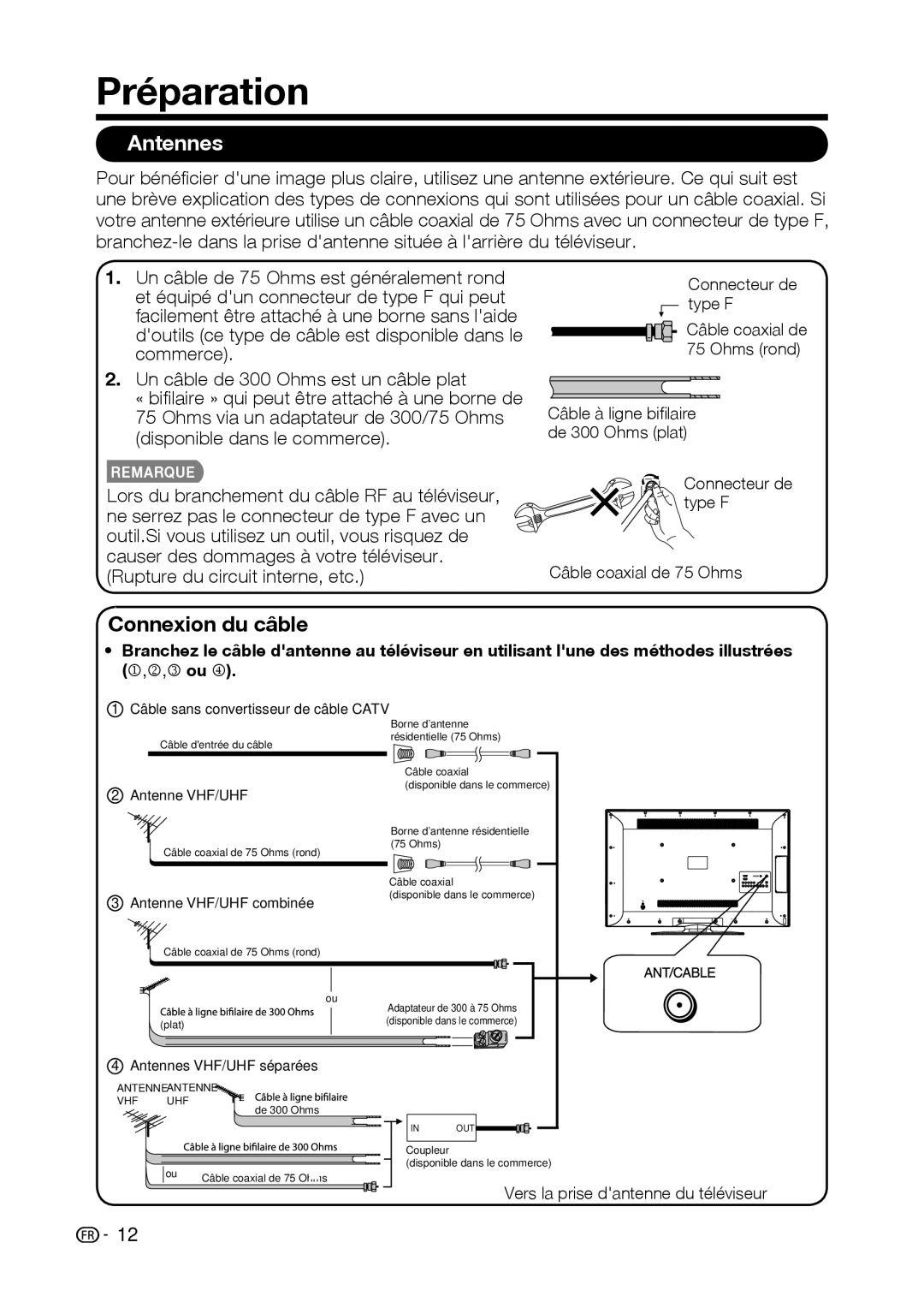 Sharp LC-42D69U, LC-32D59U operation manual Préparation, Antennes, Connexion du câble dantenne 