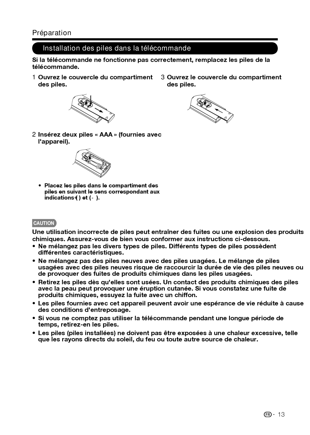 Sharp LC-32D59U, LC-42D69U operation manual Préparation, Installation des piles dans la télécommande 