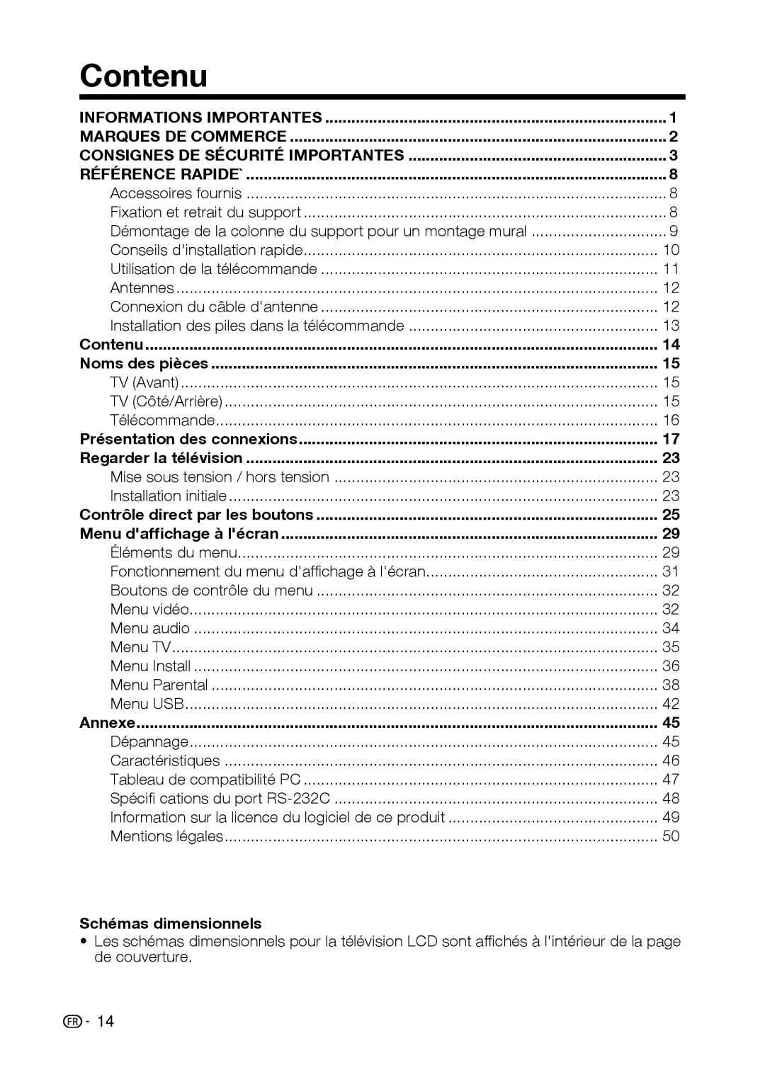 Sharp LC-42D69U, LC-32D59U operation manual Contenu 