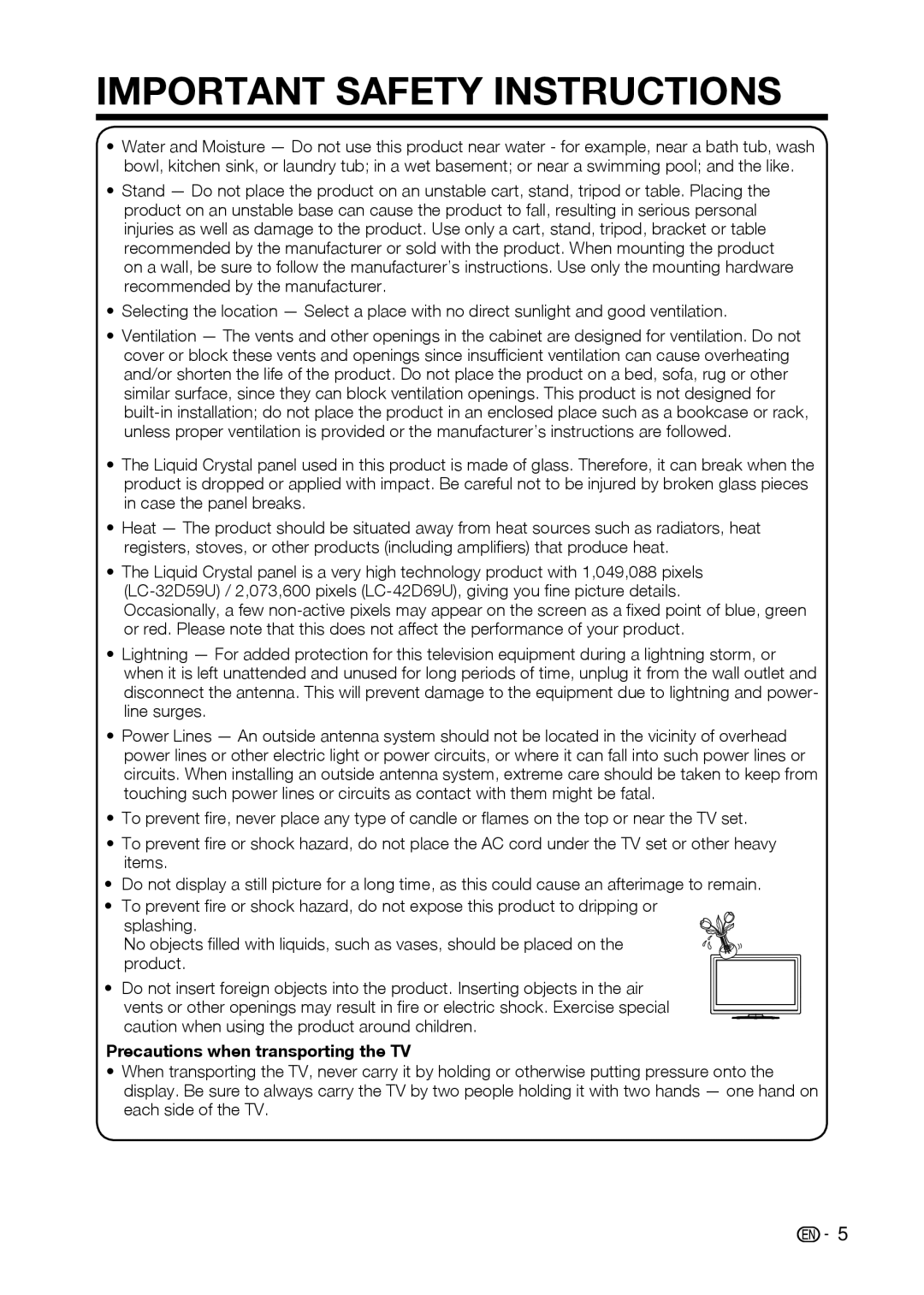 Sharp LC-32D59U, LC-42D69U operation manual Precautions when transporting the TV 