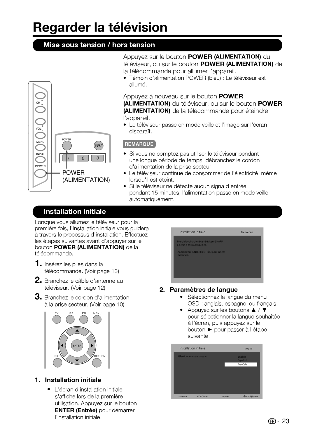 Sharp LC-32D59U Regarder la télévision, Mise sous tension / hors tension, Installation initiale, Paramètres de langue 