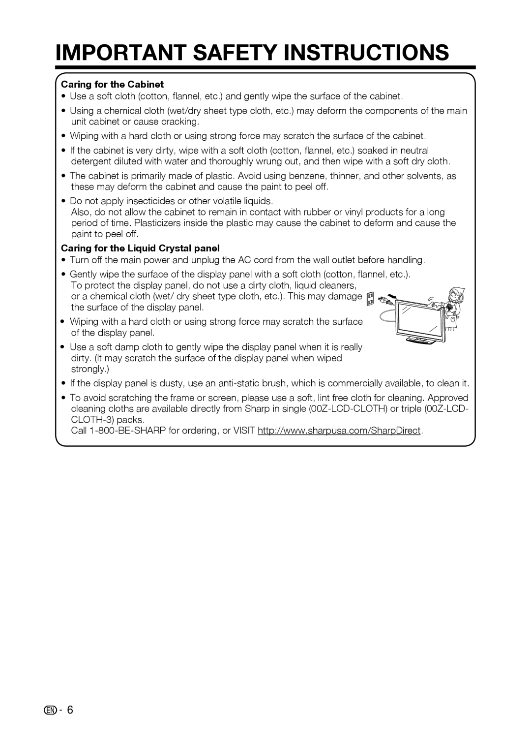 Sharp LC-42D69U, LC-32D59U operation manual Caring for the Cabinet, Caring for the Liquid Crystal panel 