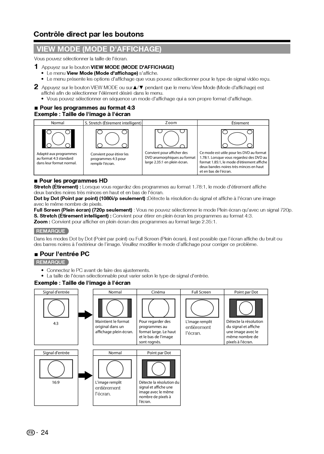 Sharp LC-42D69U, LC-32D59U operation manual View Mode Mode Daffichage, Pour lentrée PC, Pour les programmes HD 