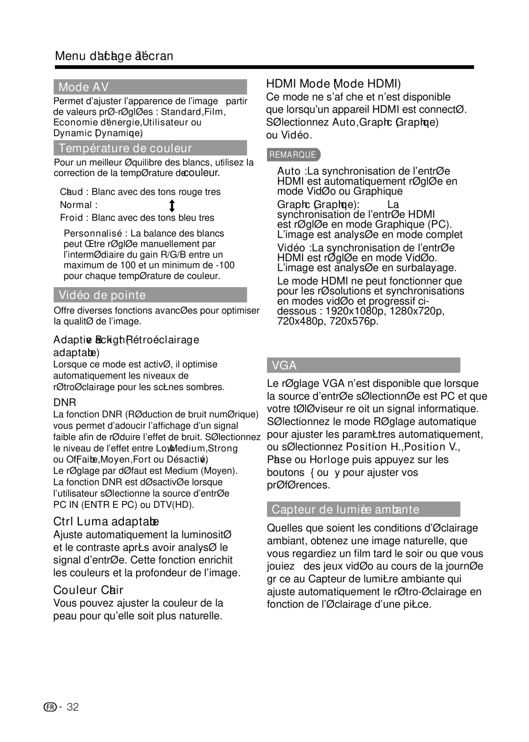 Sharp LC-42D69U, LC-32D59U operation manual Mode AV, Température de couleur, Vidéo de pointe, Capteur de lumière ambiante 