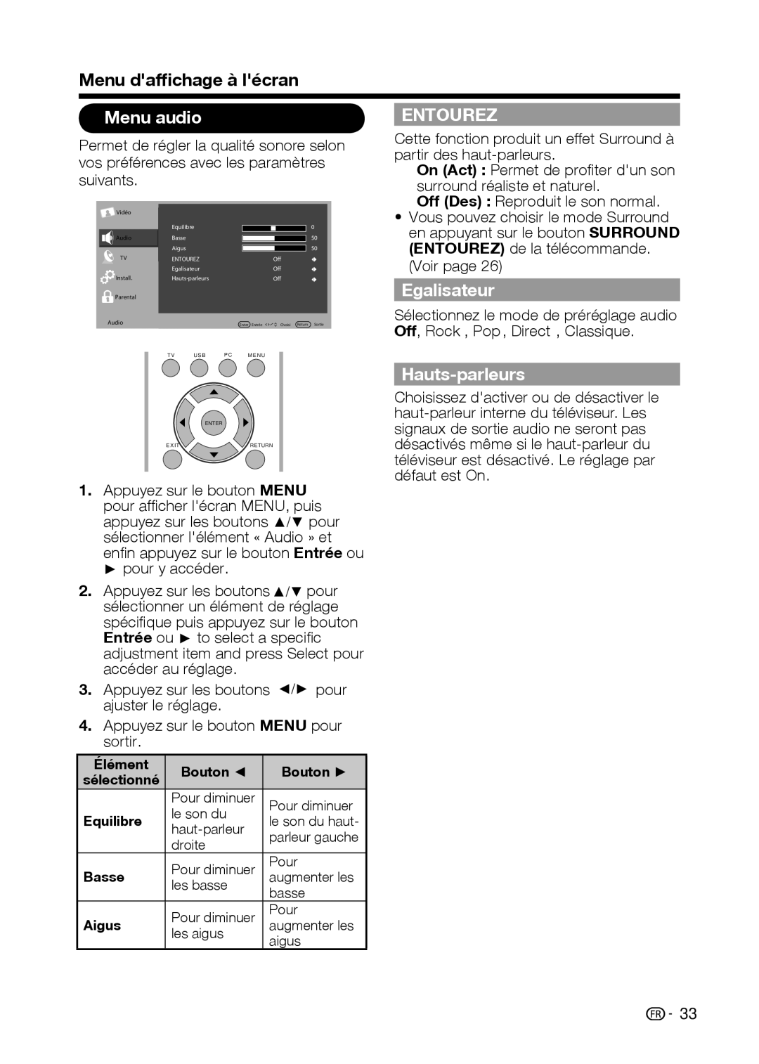 Sharp LC-32D59U, LC-42D69U operation manual Menu audio, Entourez, Egalisateur, Hauts-parleurs 