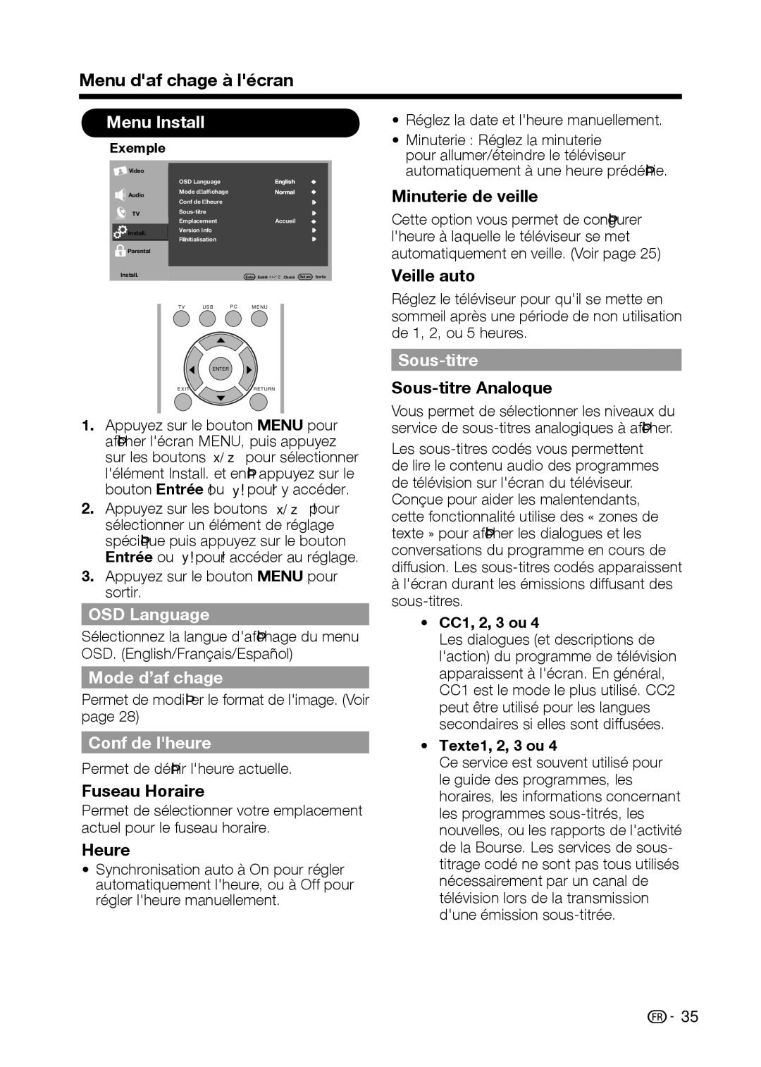 Sharp LC-32D59U, LC-42D69U operation manual Menu Install, Mode d’afﬁchage, Conf de lheure, Sous-titre 