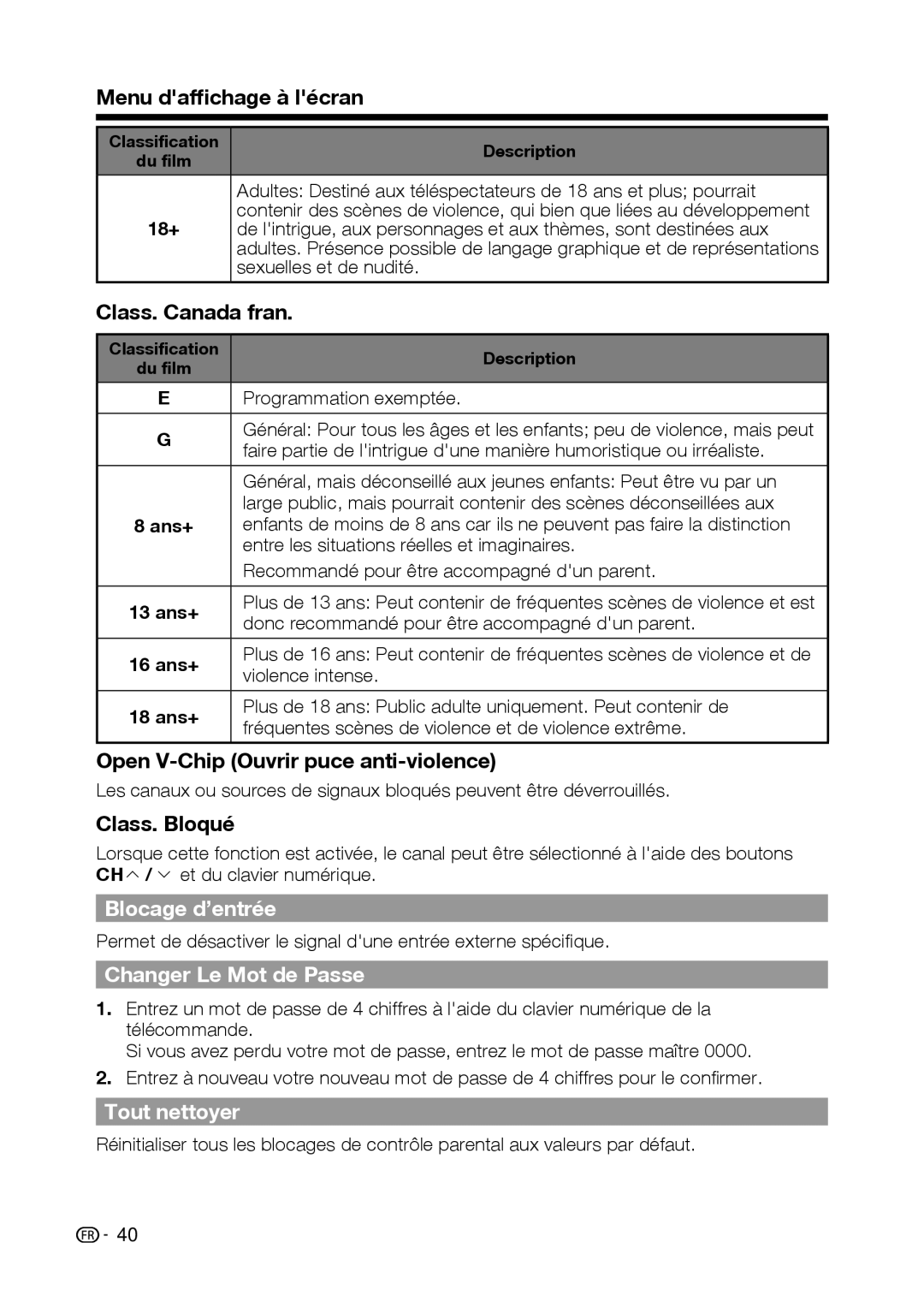 Sharp LC-42D69U, LC-32D59U operation manual Blocage d’entrée, Changer Le Mot de Passe, Tout nettoyer 