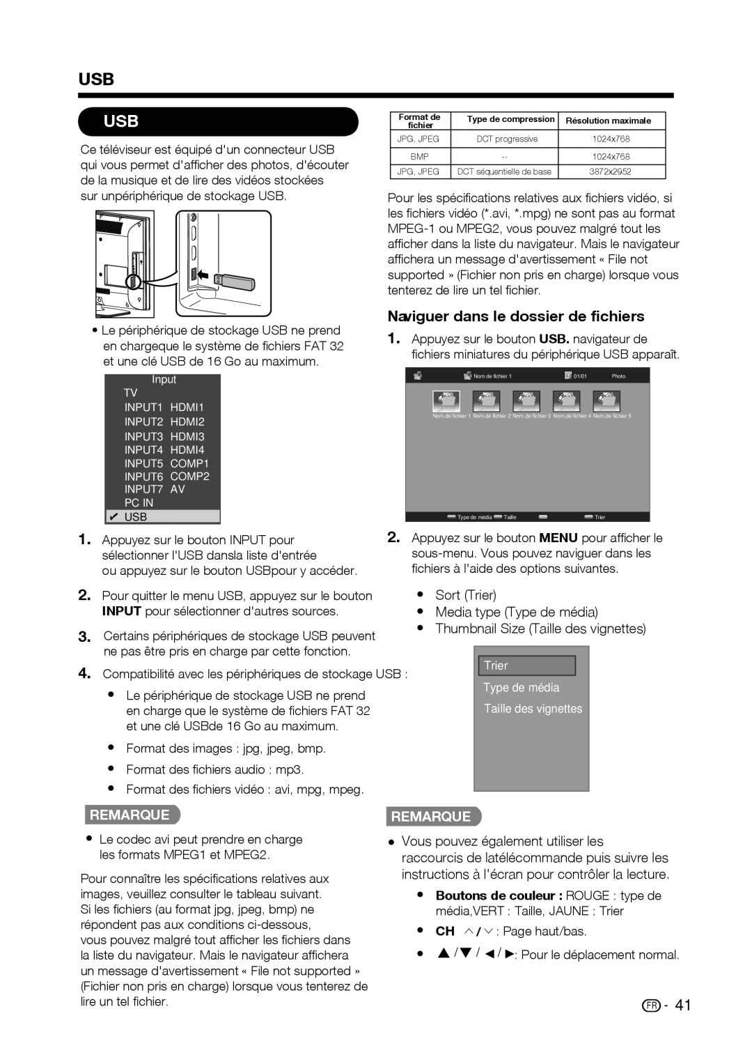 Sharp LC-32D59U, LC-42D69U operation manual Naviguer dans le dossier de fichiers, Sort Trier, Media type Type de média 