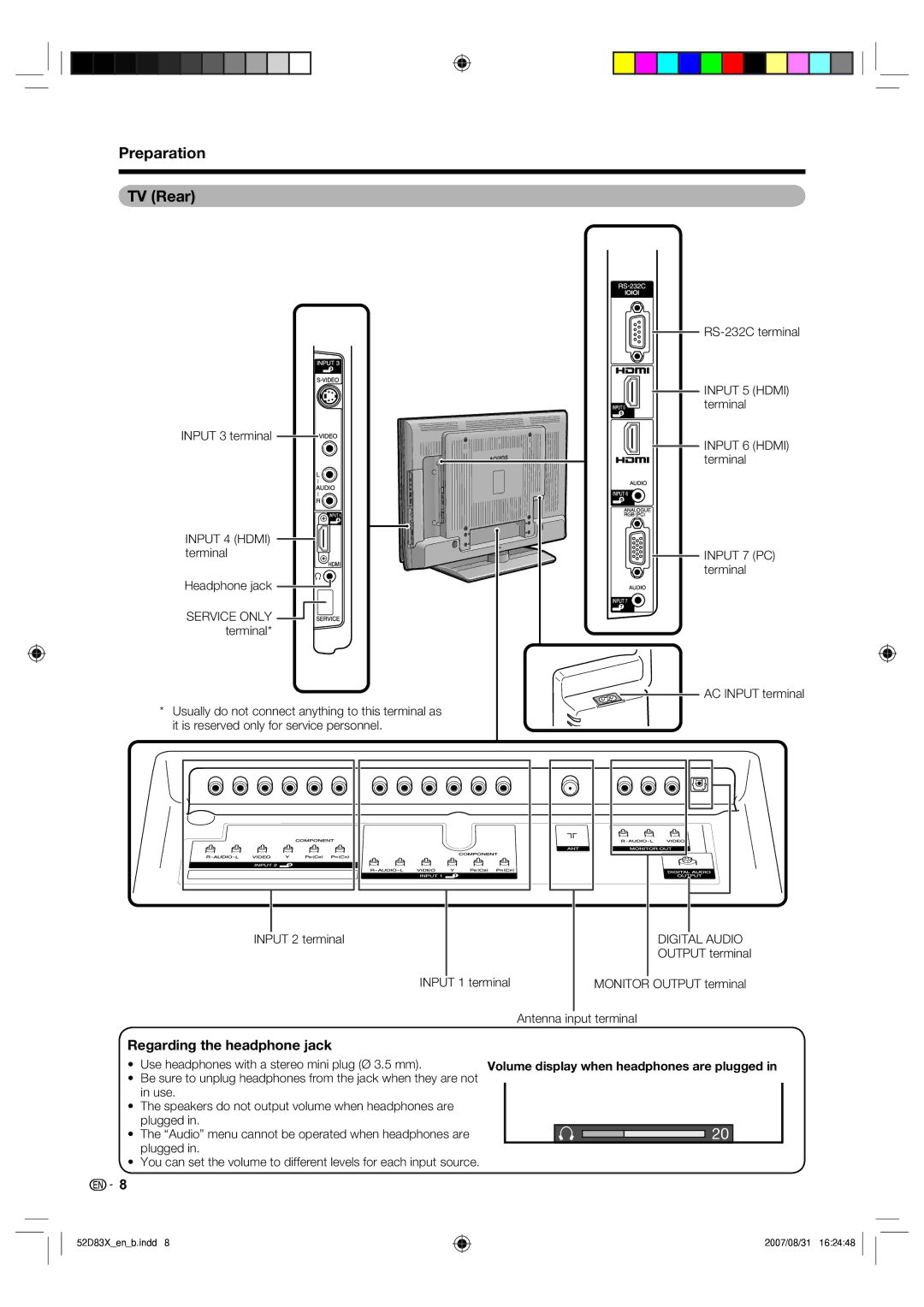 Sharp LC-42D83X LC-46D83X LC-52D83X operation manual Preparation TV Rear, Regarding the headphone jack 