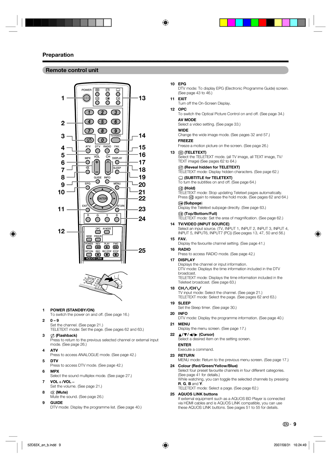 Sharp LC-42D83X LC-46D83X LC-52D83X operation manual Preparation Remote control unit, Power STANDBY/ON 