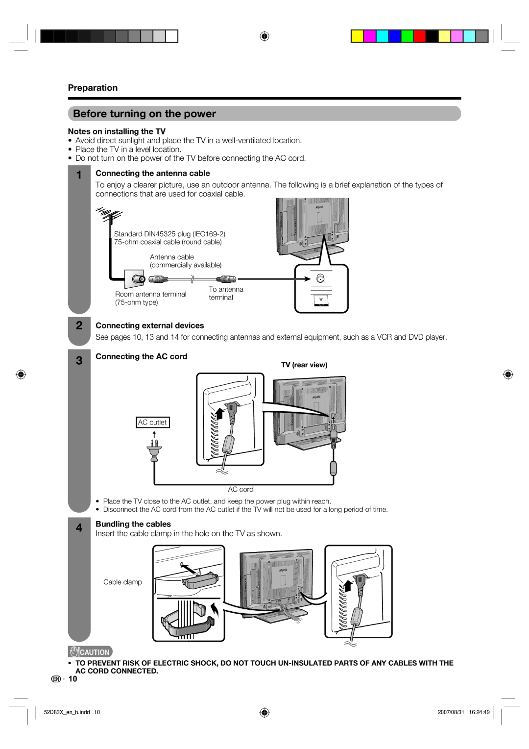 Sharp LC-42D83X LC-46D83X LC-52D83X Before turning on the power, Connecting the antenna cable, Connecting external devices 