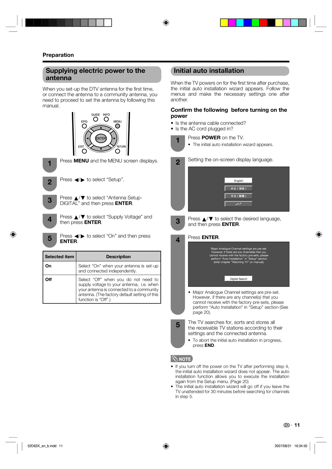 Sharp LC-42D83X LC-46D83X LC-52D83X operation manual Supplying electric power to the antenna, Initial auto installation 