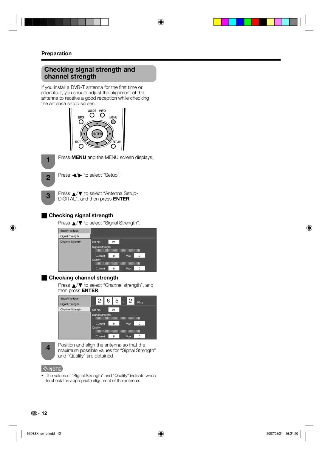 Sharp LC-42D83X LC-46D83X LC-52D83X Checking signal strength and channel strength, WChecking signal strength 