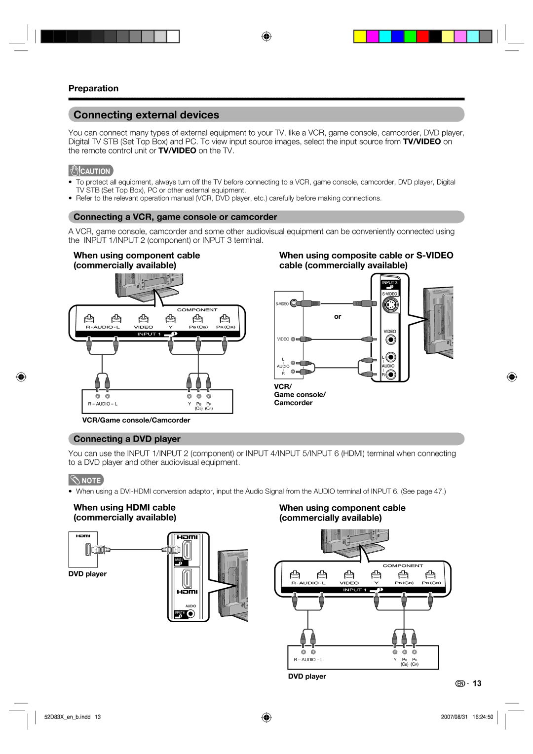 Sharp LC-42D83X LC-46D83X LC-52D83X Connecting external devices, Connecting a VCR, game console or camcorder 