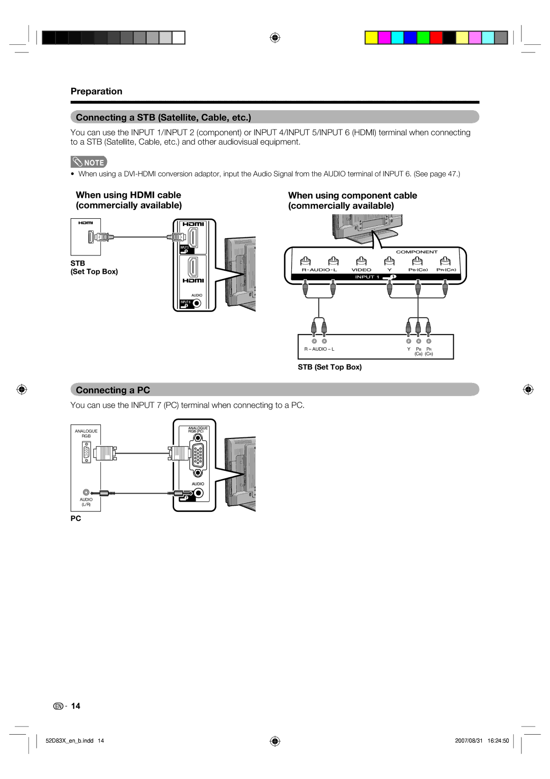 Sharp LC-42D83X LC-46D83X LC-52D83X Preparation Connecting a STB Satellite, Cable, etc, Connecting a PC, Set Top Box 