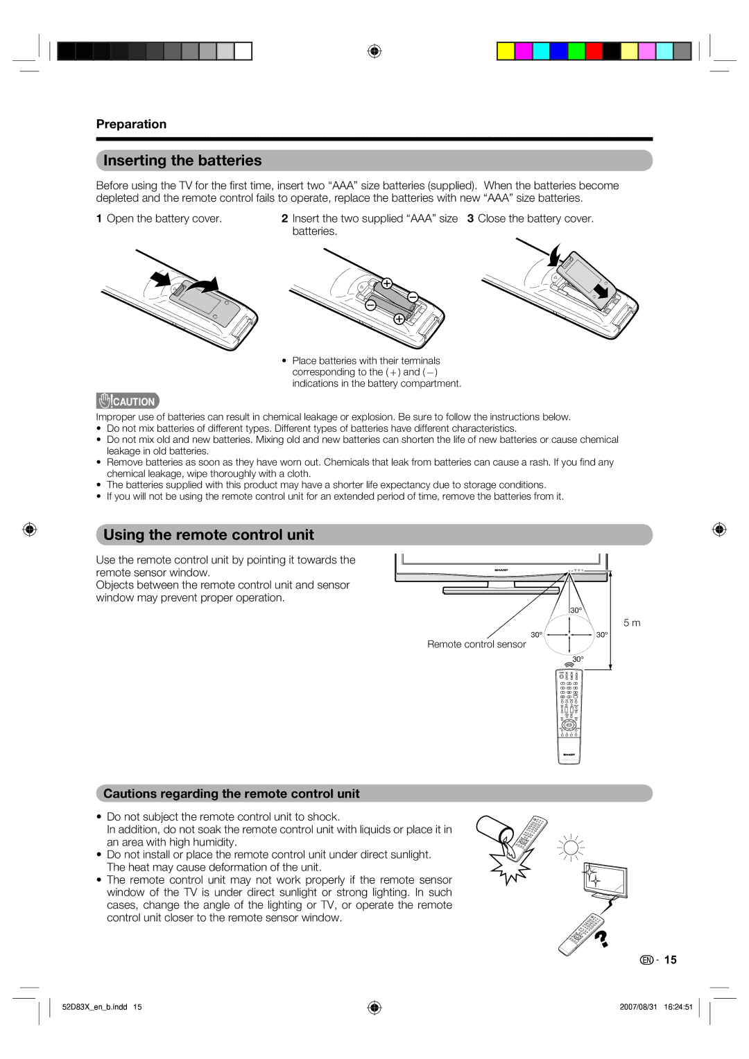 Sharp LC-42D83X LC-46D83X LC-52D83X Inserting the batteries, Using the remote control unit, Remote control sensor 