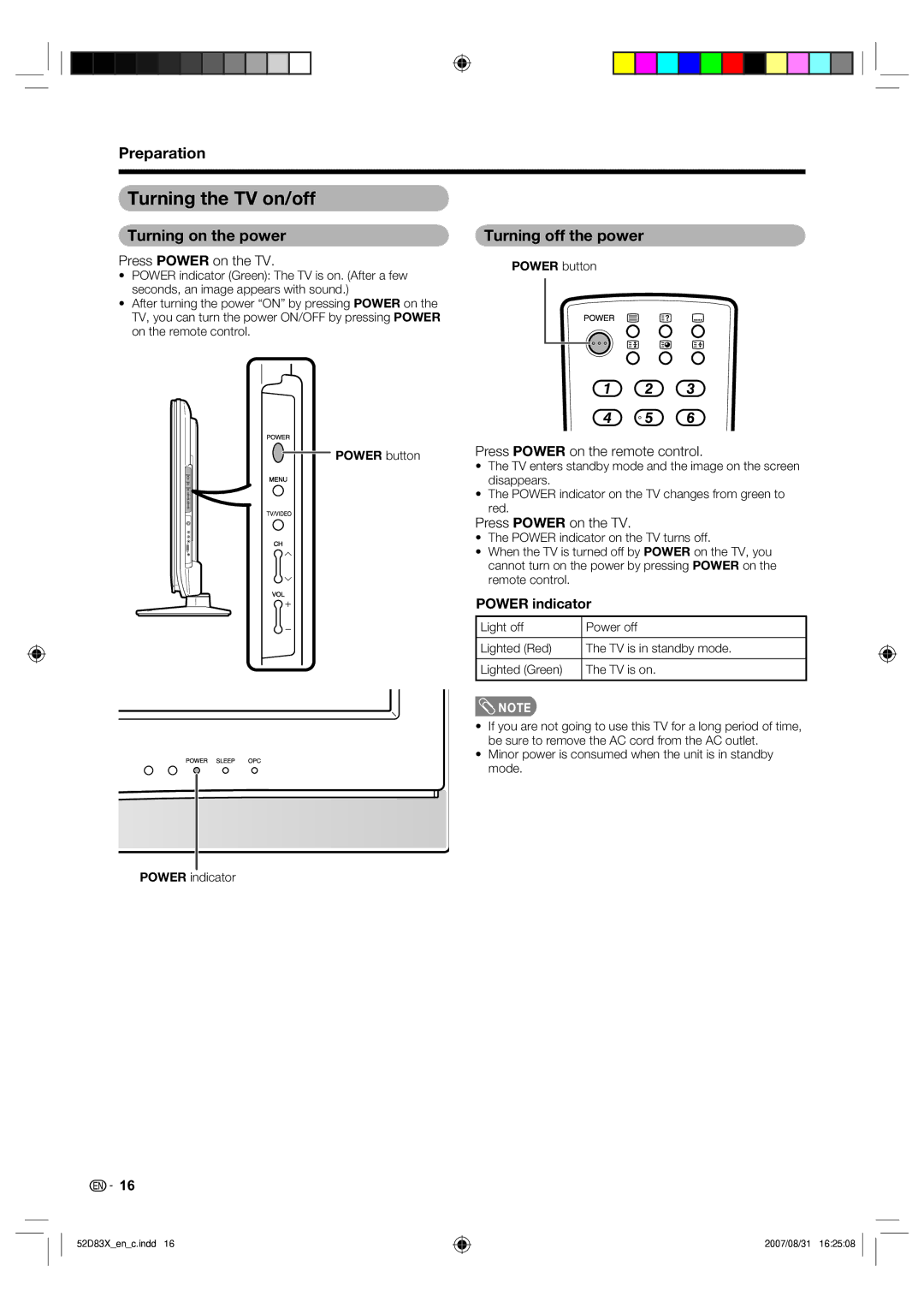 Sharp LC-42D83X LC-46D83X LC-52D83X Turning the TV on/off, Turning on the power, Turning off the power, Power indicator 