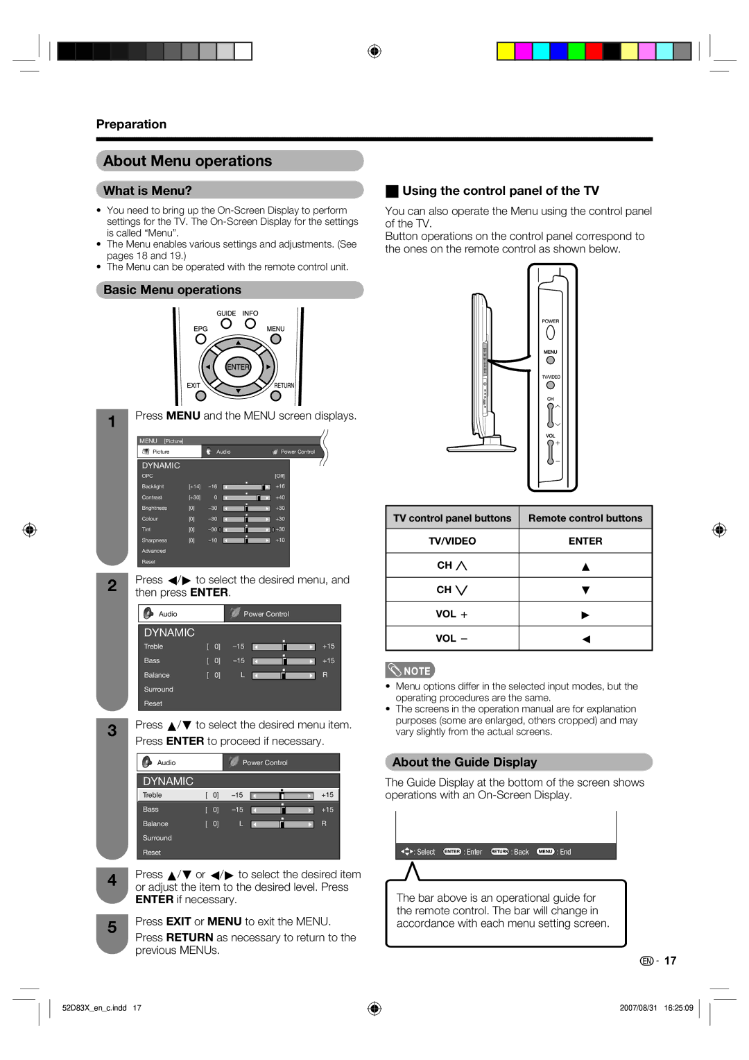 Sharp LC-42D83X LC-46D83X LC-52D83X About Menu operations, What is Menu? WUsing the control panel of the TV 