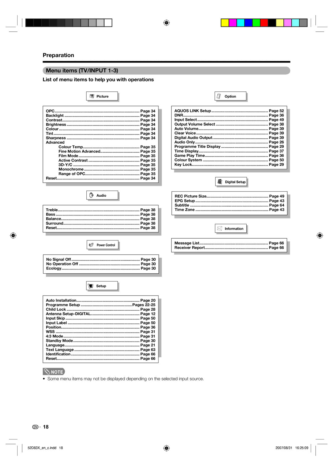 Sharp LC-42D83X LC-46D83X LC-52D83X Preparation Menu items TV/INPUT, List of menu items to help you with operations 