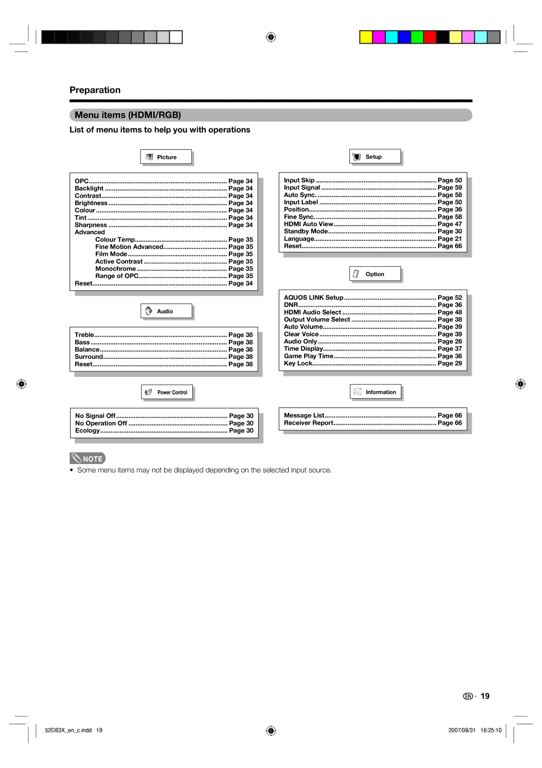 Sharp LC-42D83X LC-46D83X LC-52D83X operation manual Preparation Menu items HDMI/RGB, Input Skip 