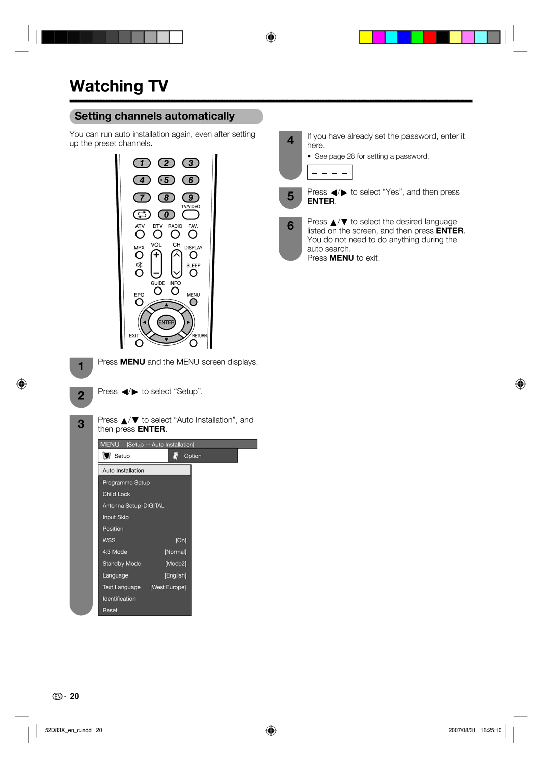 Sharp LC-42D83X LC-46D83X LC-52D83X Watching TV, Setting channels automatically, Press c/d to select Yes, and then press 