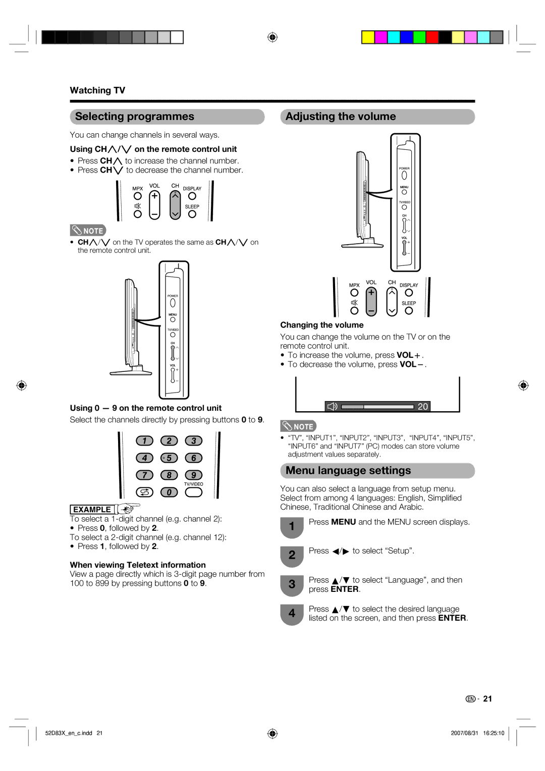 Sharp LC-42D83X LC-46D83X LC-52D83X operation manual Selecting programmes, Menu language settings, Watching TV 