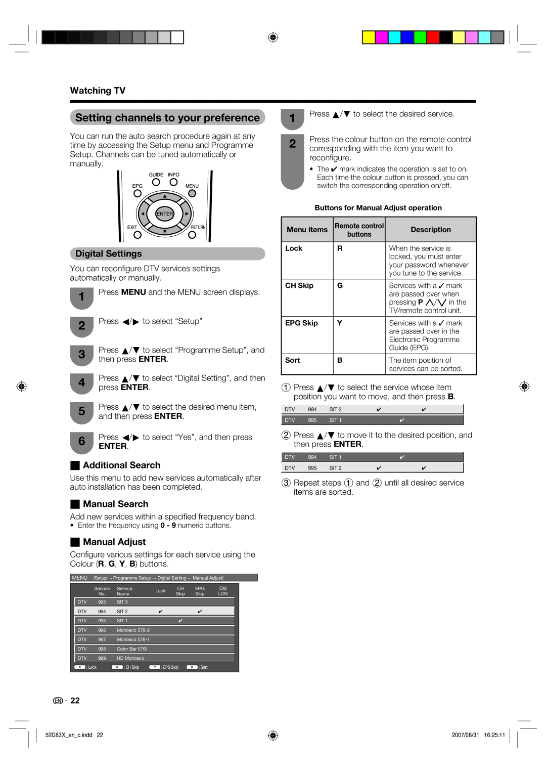 Sharp LC-42D83X LC-46D83X LC-52D83X Setting channels to your preference, Digital Settings, WAdditional Search 