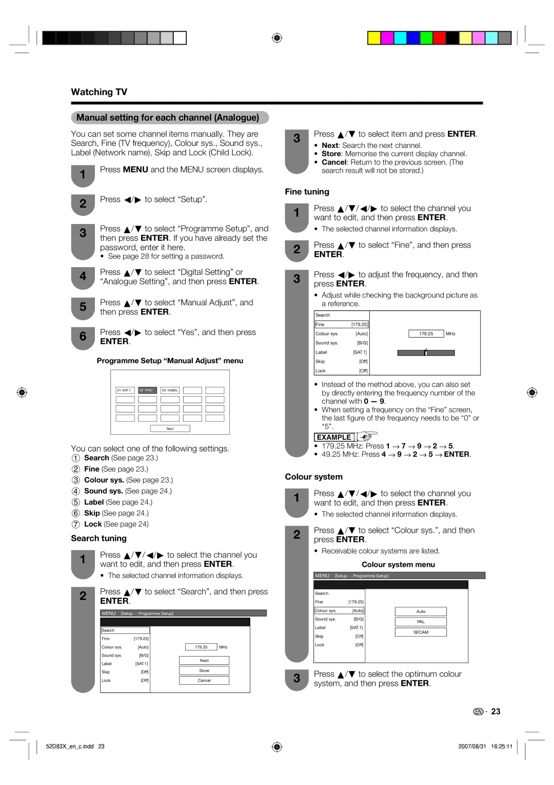 Sharp LC-42D83X LC-46D83X LC-52D83X Watching TV Manual setting for each channel Analogue, Fine tuning, Search tuning 