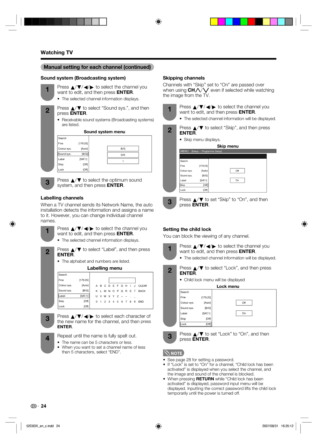 Sharp LC-42D83X LC-46D83X LC-52D83X operation manual Watching TV Manual setting for each channel 