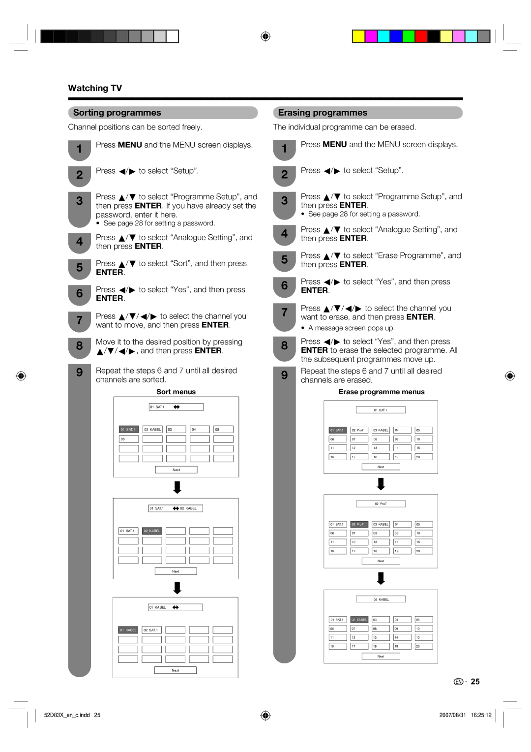 Sharp LC-42D83X LC-46D83X LC-52D83X Watching TV Sorting programmes, Erasing programmes, Message screen pops up, Sort menus 