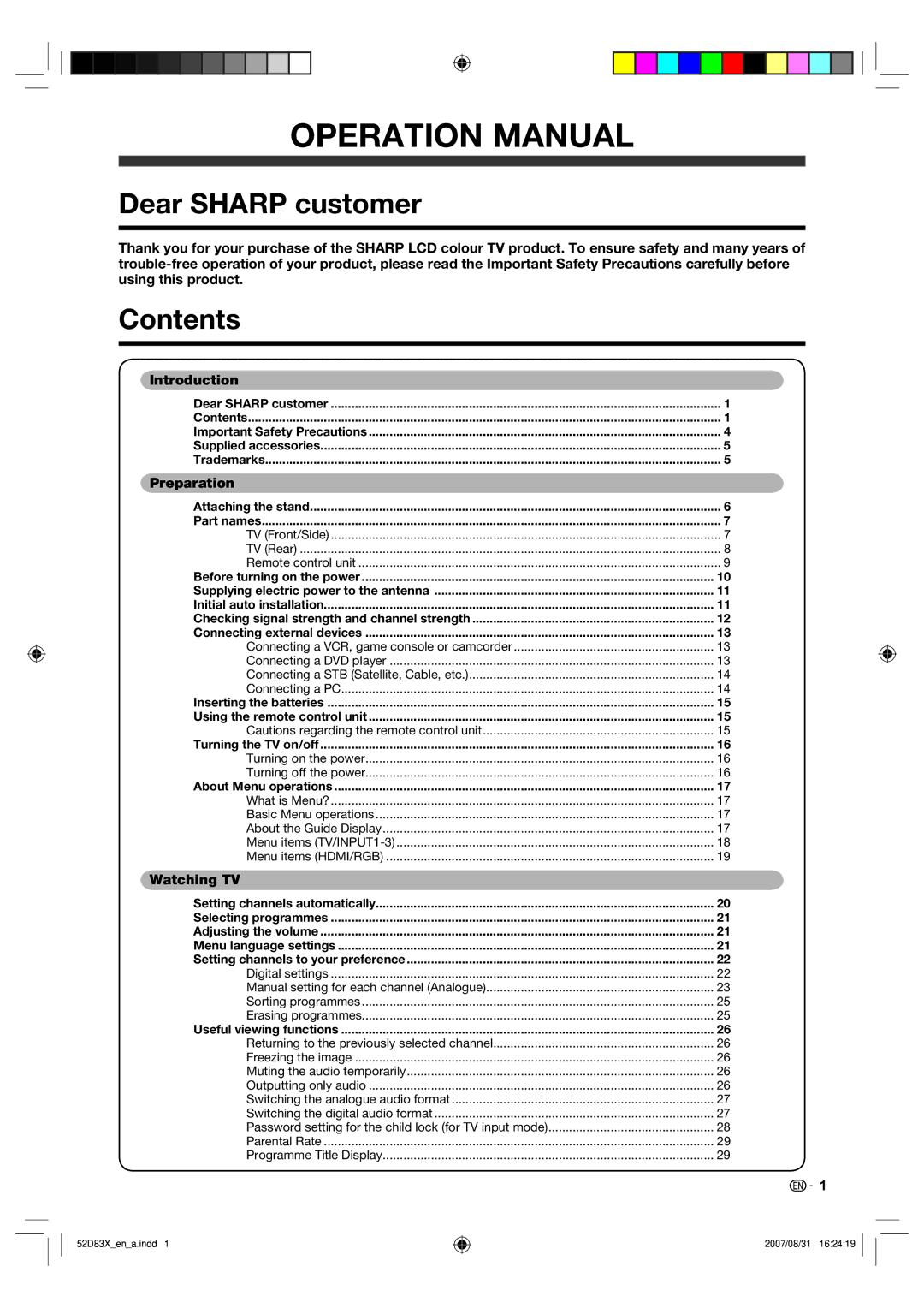 Sharp LC-42D83X LC-46D83X LC-52D83X operation manual Dear Sharp customer, Contents 