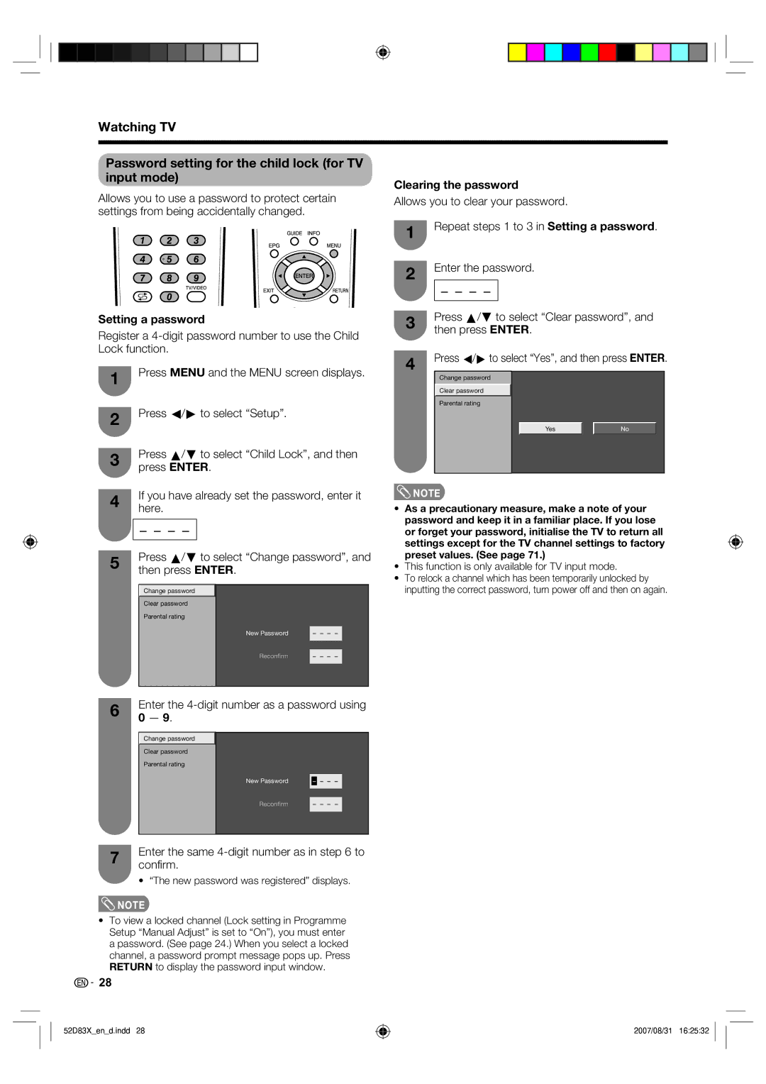 Sharp LC-42D83X LC-46D83X LC-52D83X operation manual Clearing the password, Setting a password 