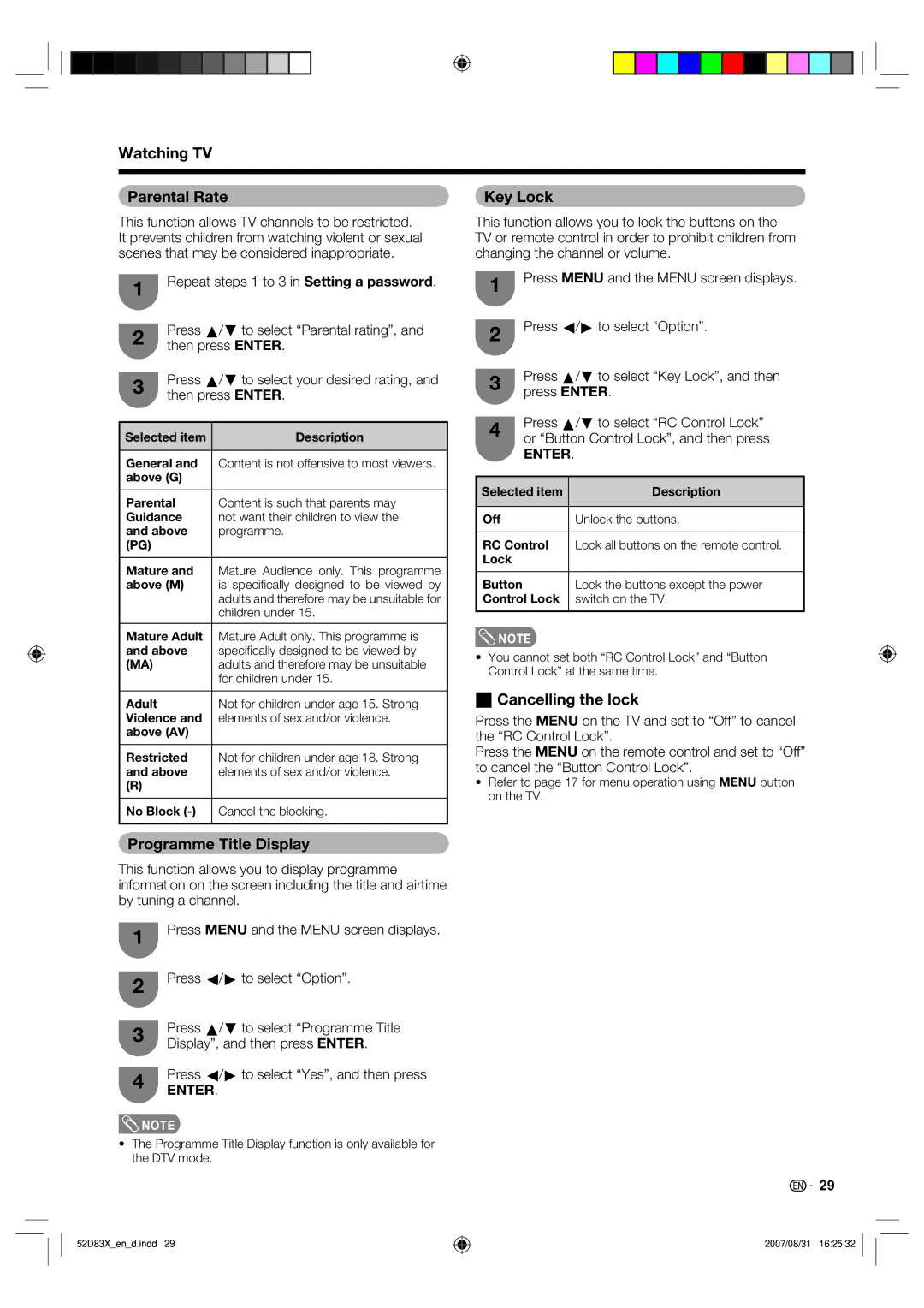 Sharp LC-42D83X LC-46D83X LC-52D83X Watching TV Parental Rate, Key Lock, WCancelling the lock, Programme Title Display 