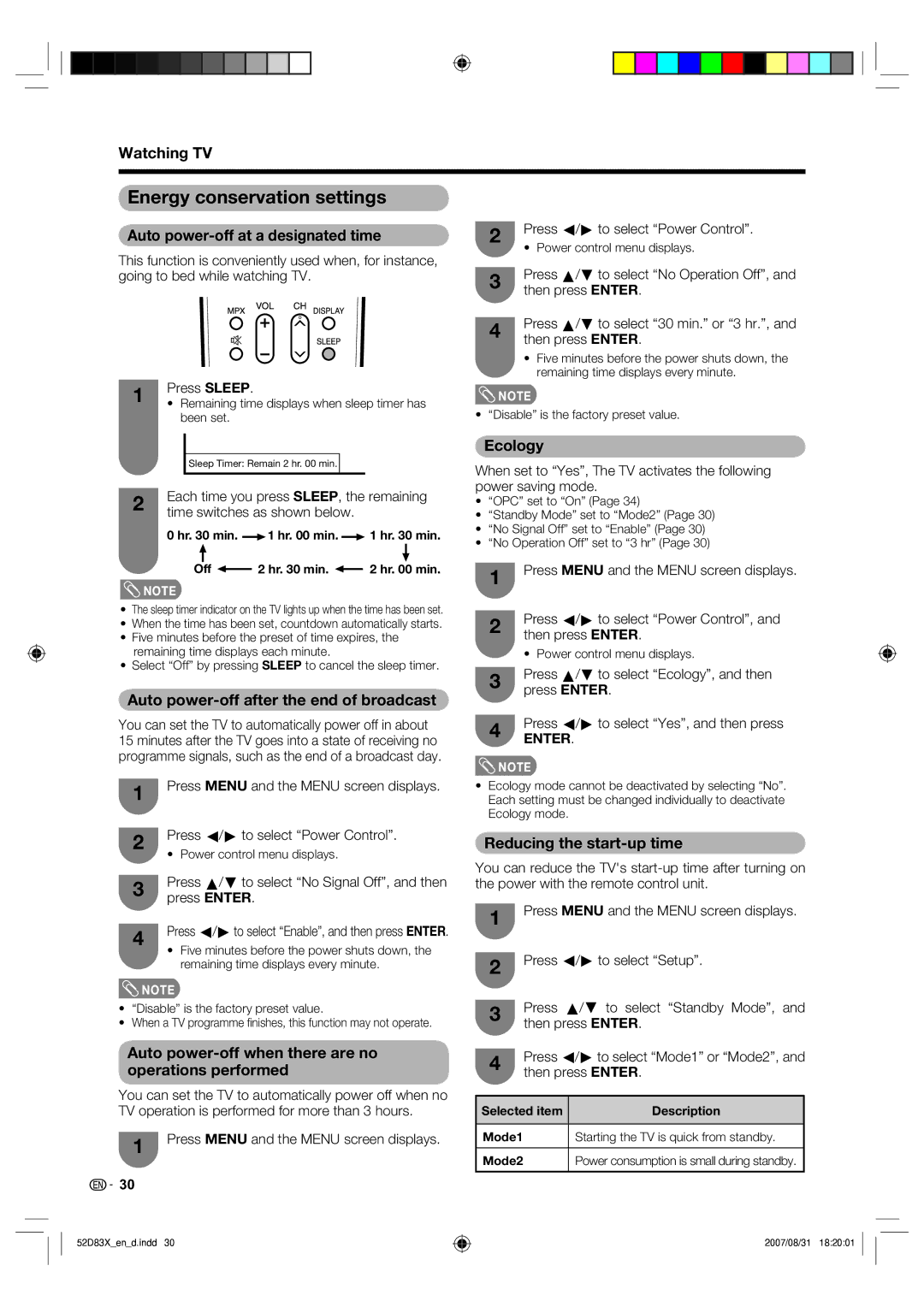 Sharp LC-42D83X LC-46D83X LC-52D83X operation manual Energy conservation settings 