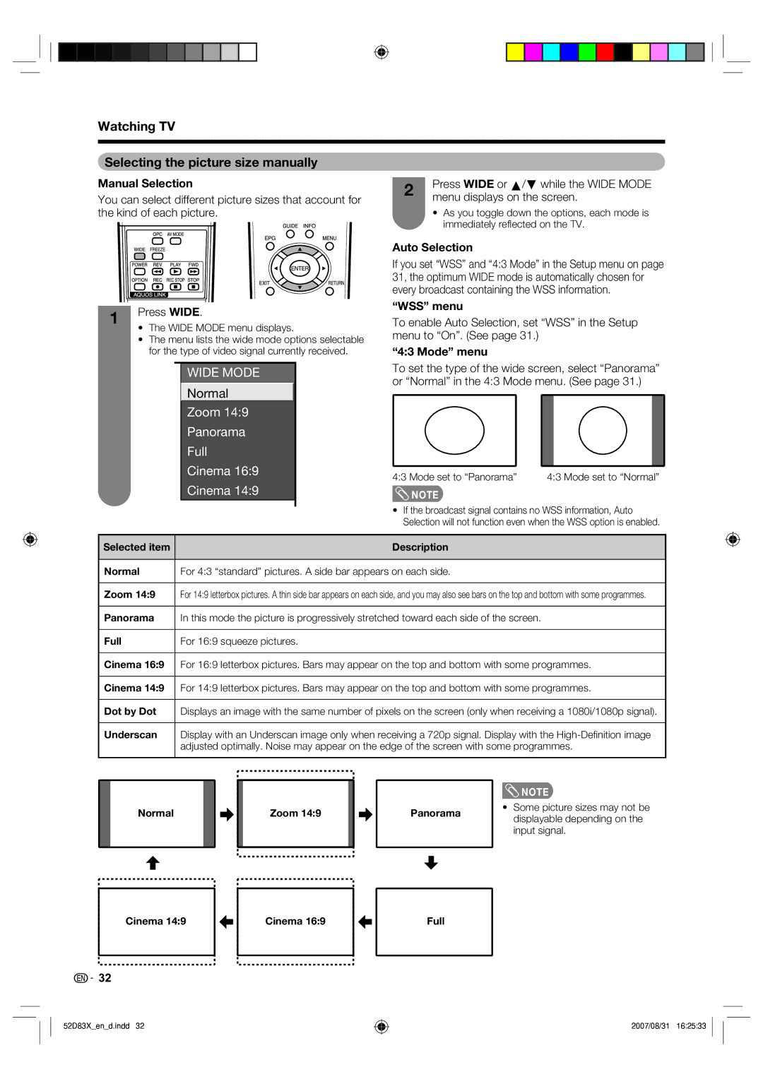 Sharp LC-42D83X LC-46D83X LC-52D83X Watching TV Selecting the picture size manually, Manual Selection, Auto Selection 