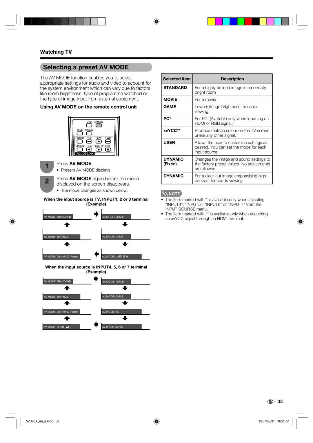 Sharp LC-42D83X LC-46D83X LC-52D83X Selecting a preset AV Mode, Using AV Mode on the remote control unit, Press AV Mode 