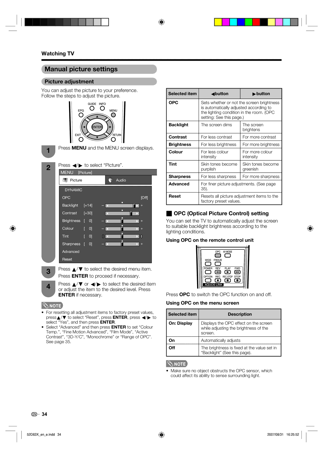 Sharp LC-42D83X LC-46D83X LC-52D83X Manual picture settings, Picture adjustment, WOPC Optical Picture Control setting 