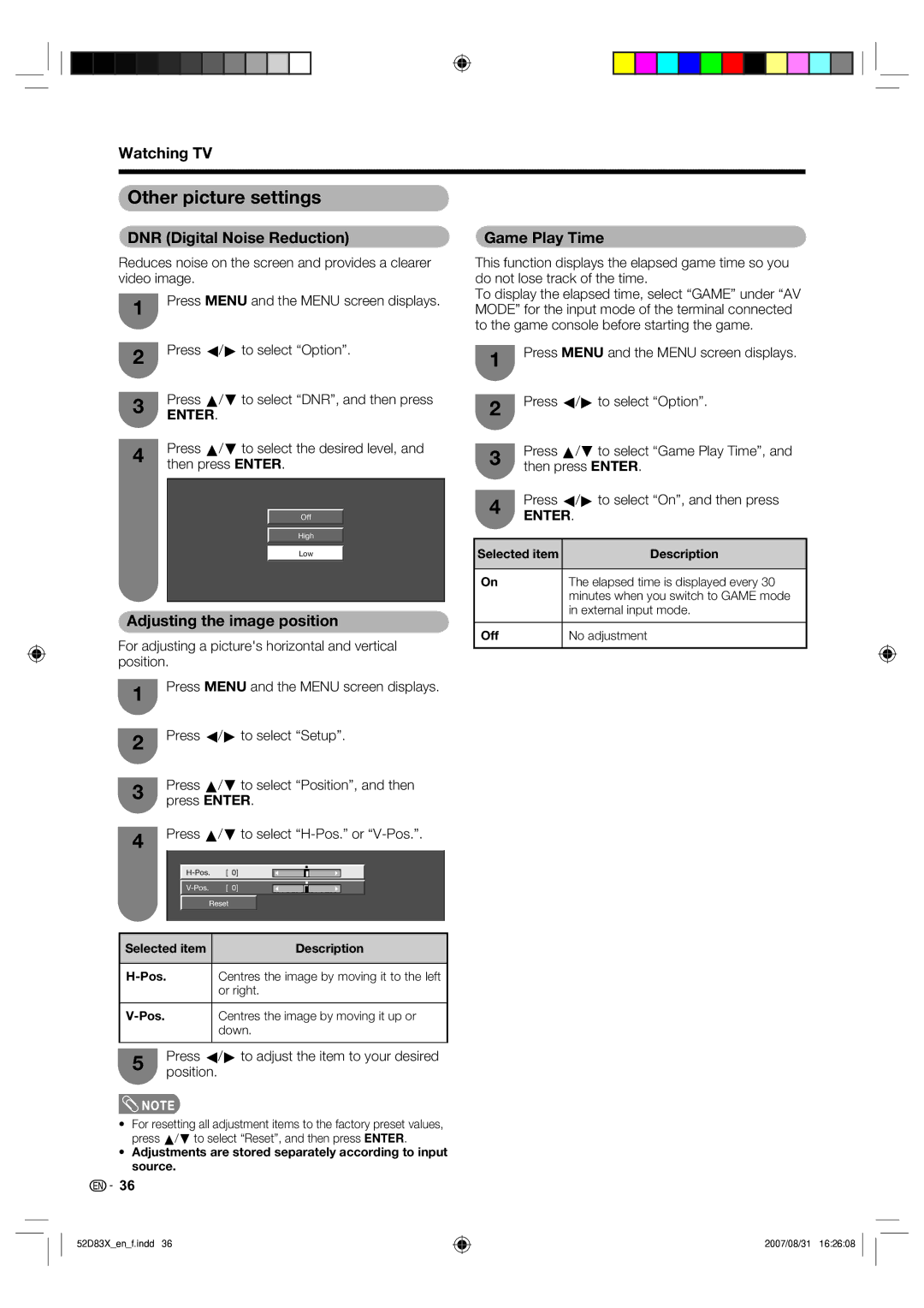 Sharp LC-42D83X LC-46D83X LC-52D83X Other picture settings, DNR Digital Noise Reduction, Adjusting the image position 