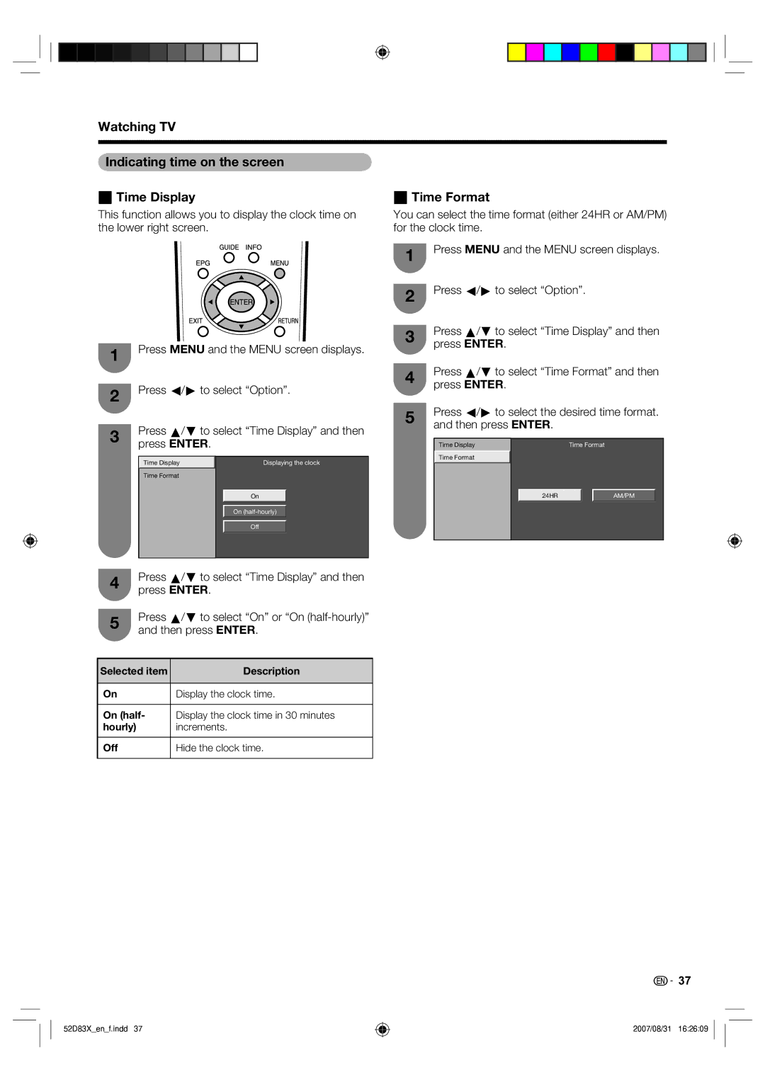 Sharp LC-42D83X LC-46D83X LC-52D83X operation manual Watching TV Indicating time on the screen WTime Display, WTime Format 