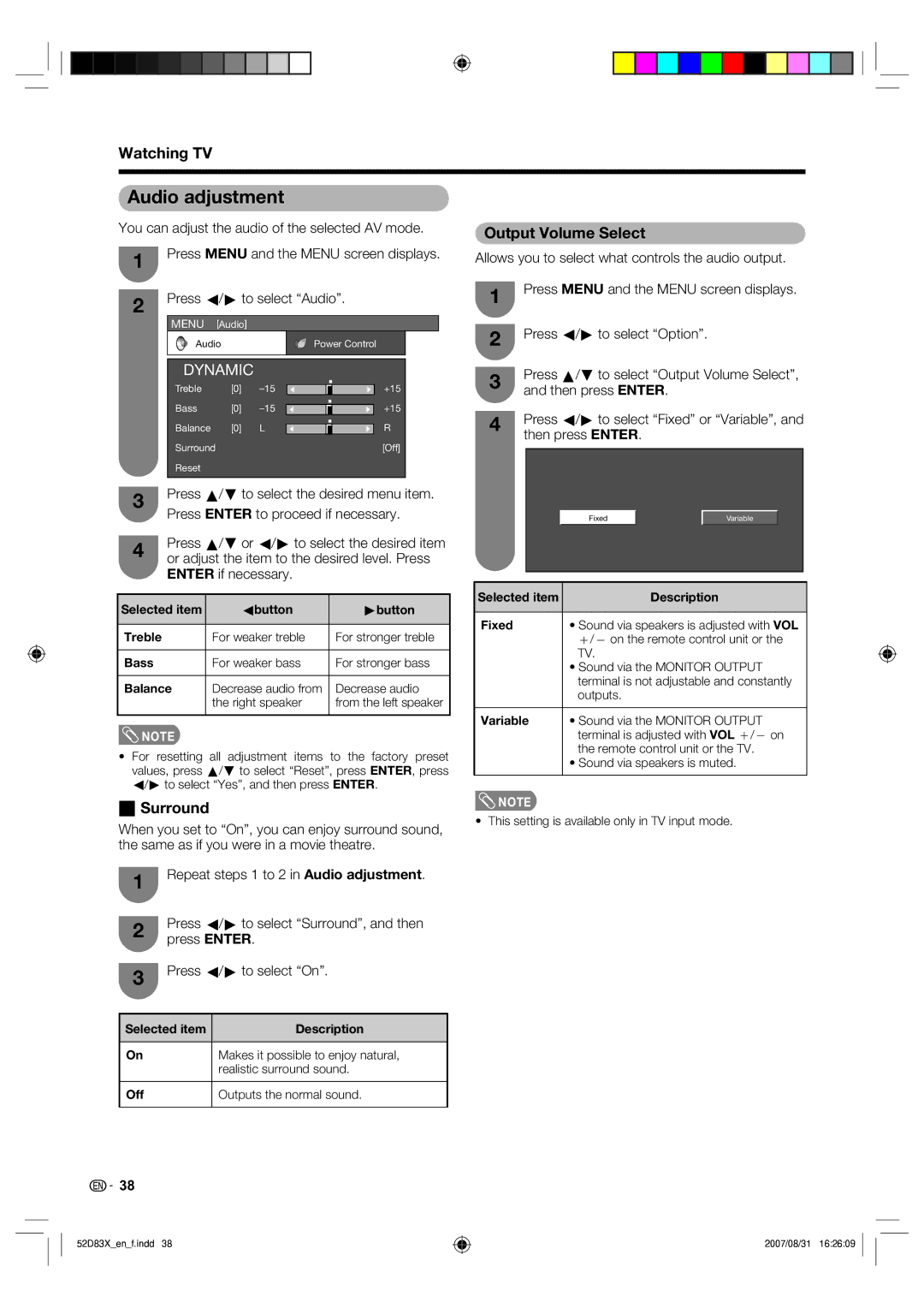 Sharp LC-42D83X LC-46D83X LC-52D83X operation manual Audio adjustment, Output Volume Select, Surround 