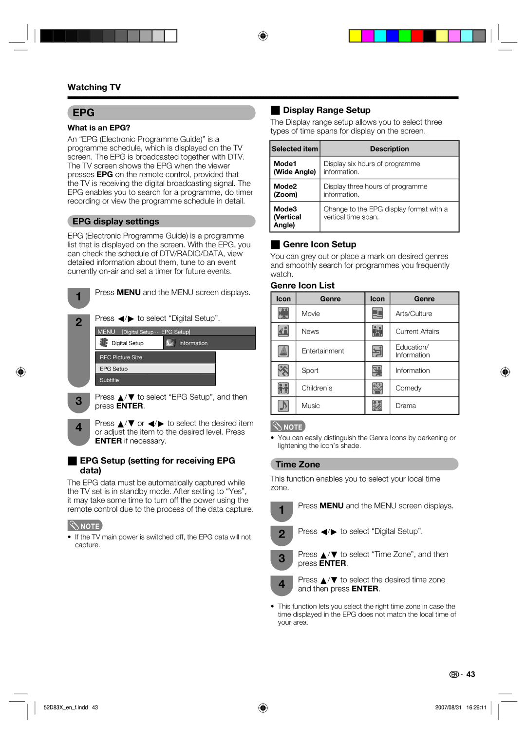 Sharp LC-42D83X LC-46D83X LC-52D83X WDisplay Range Setup, EPG display settings, WGenre Icon Setup, Genre Icon List 