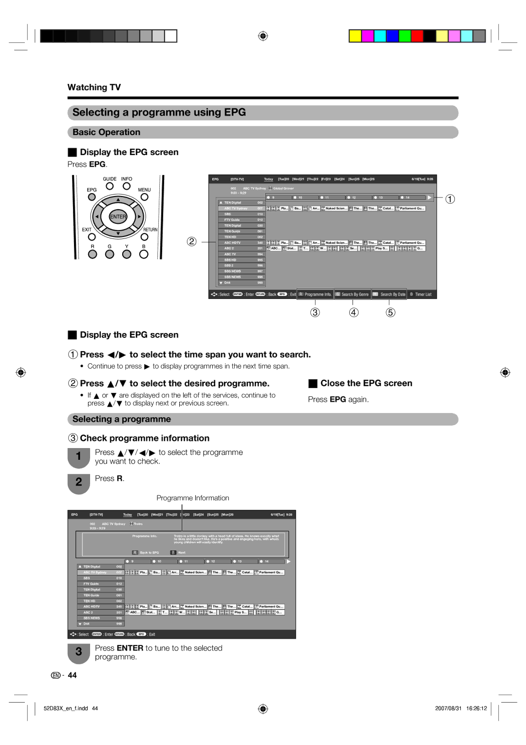 Sharp LC-42D83X LC-46D83X LC-52D83X Selecting a programme using EPG, Basic Operation WDisplay the EPG screen 