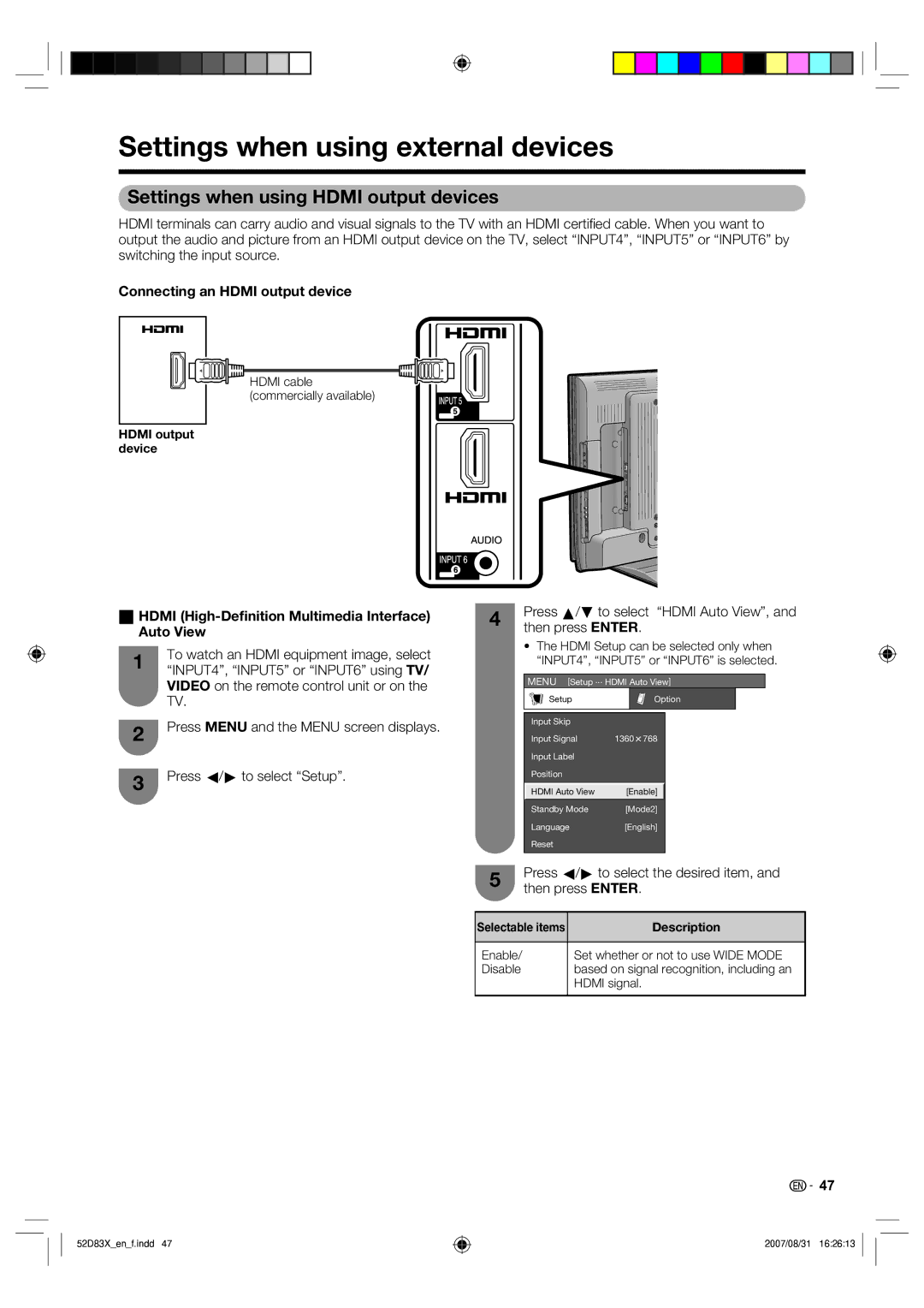 Sharp LC-42D83X LC-46D83X LC-52D83X Settings when using external devices, Settings when using Hdmi output devices 