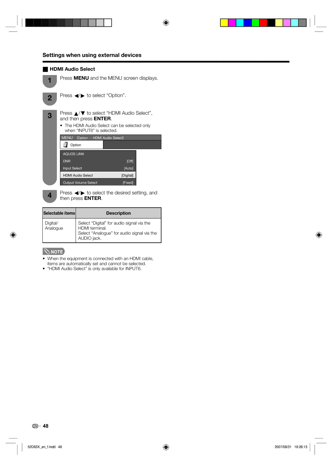 Sharp LC-42D83X LC-46D83X LC-52D83X operation manual Settings when using external devices, WHDMI Audio Select, Audio jack 