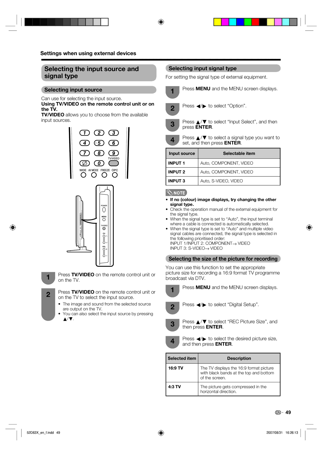 Sharp LC-42D83X LC-46D83X LC-52D83X operation manual Selecting the input source, Signal type, Selecting input signal type 