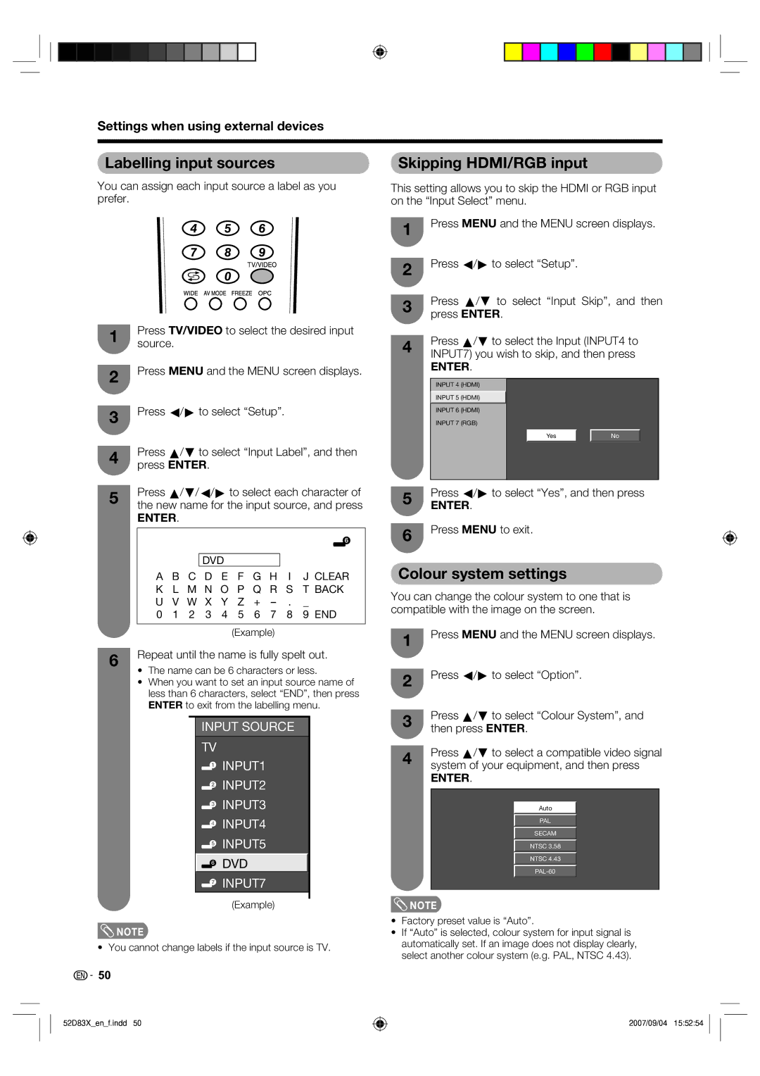 Sharp LC-42D83X LC-46D83X LC-52D83X Labelling input sources, Skipping HDMI/RGB input, Colour system settings 
