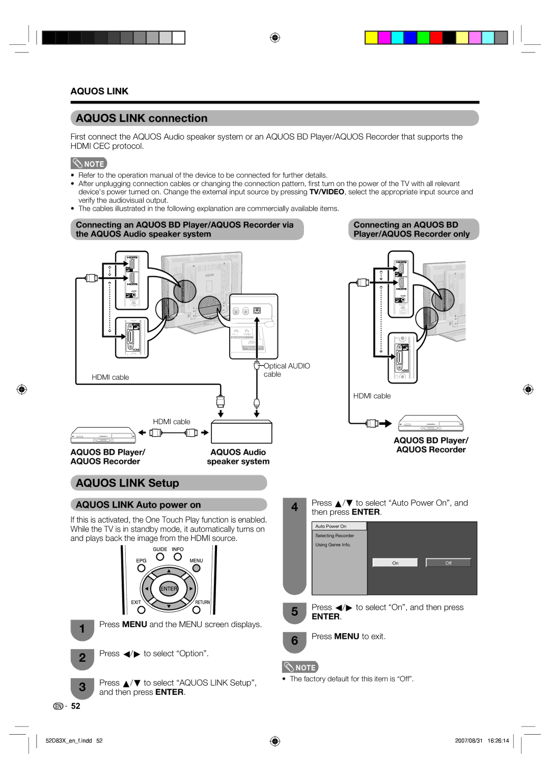 Sharp LC-42D83X LC-46D83X LC-52D83X Aquos Link connection, Aquos Link Setup, Aquos Link Auto power on, Aquos BD Player 