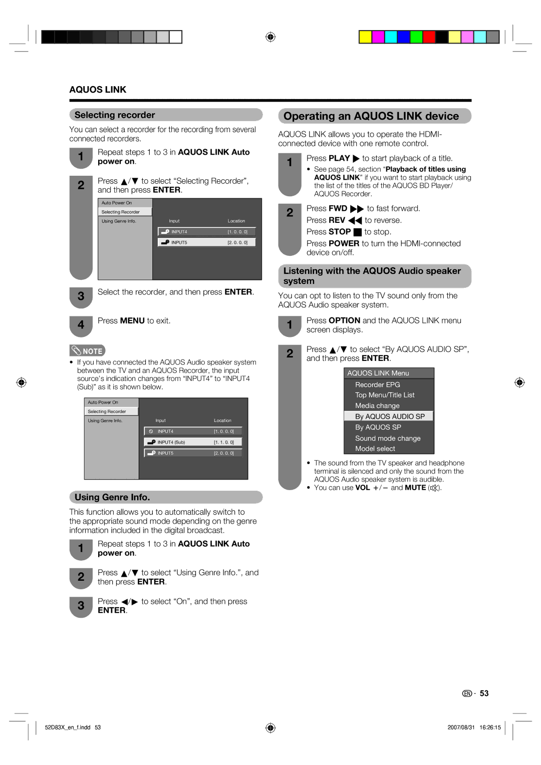 Sharp LC-42D83X LC-46D83X LC-52D83X operation manual Operating an Aquos Link device, Selecting recorder, Using Genre Info 