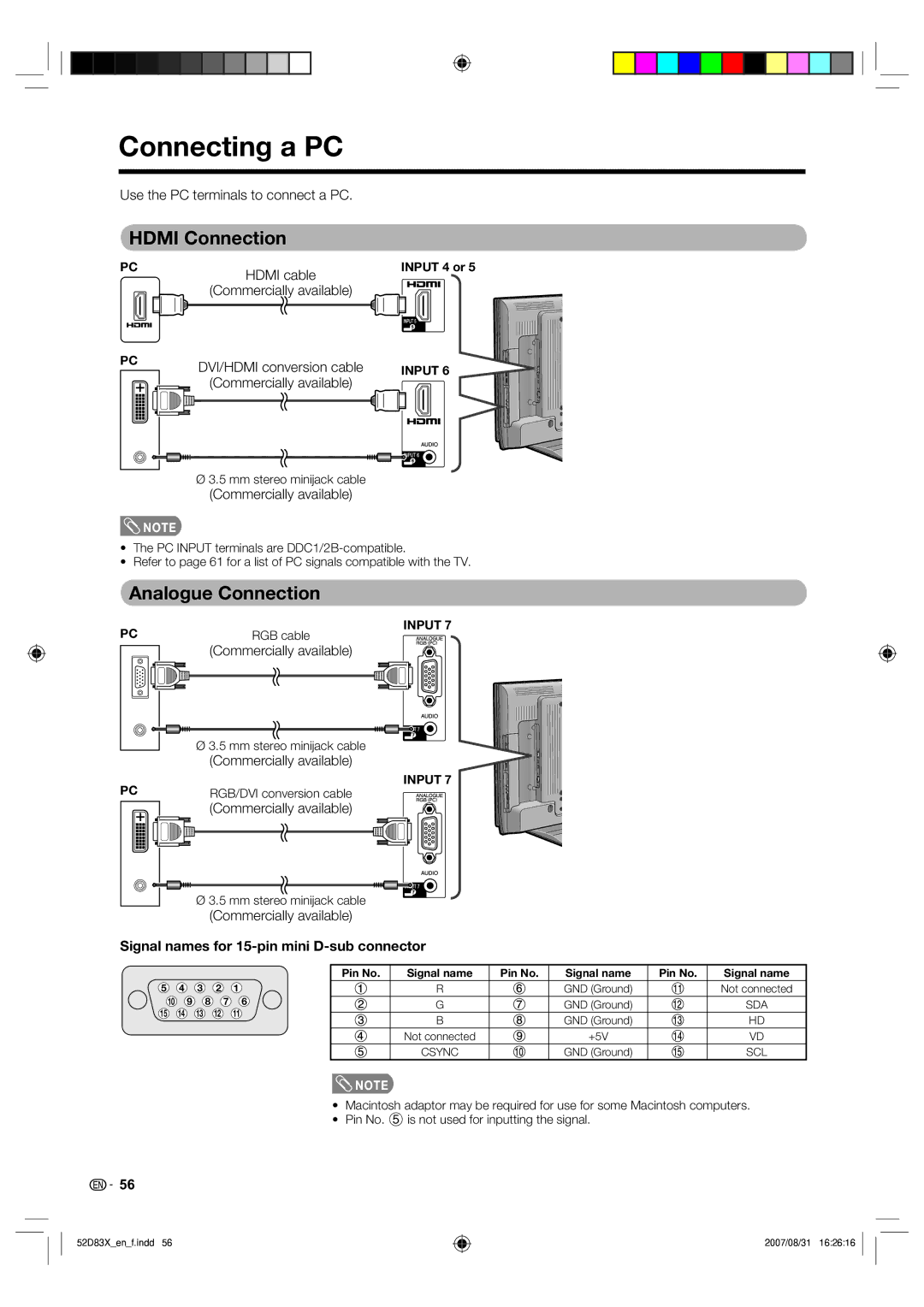 Sharp LC-42D83X LC-46D83X LC-52D83X operation manual Connecting a PC, Hdmi Connection, Analogue Connection 