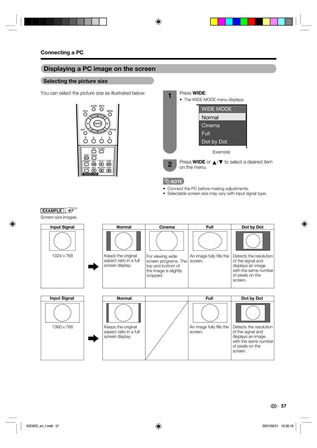 Sharp LC-42D83X LC-46D83X LC-52D83X operation manual Displaying a PC image on the screen, Selecting the picture size 